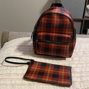 Coach MINI CHARLIE BACKPACK IN PLAID & wristlet